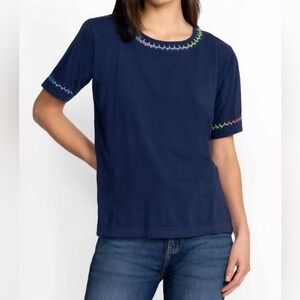 Johnny Was  Women’s Navy Blue CROCHET CREW NECK TEE Short Sleeve Size Medium*